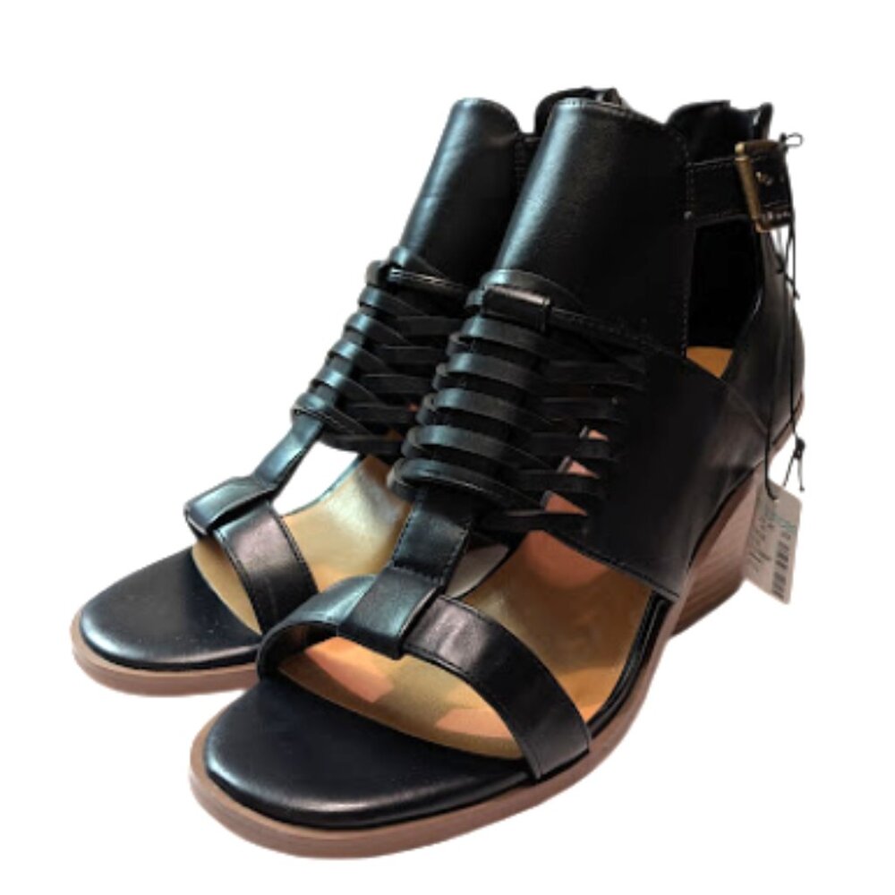 Maurices SuperCush Ariana Black Back Zip Wedge Block Heel Sandals Size 9.5 NWOB